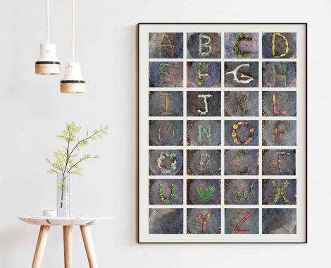 with alphabet made of photographed nature things as letters