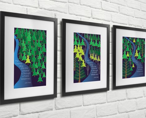 three illustrated posters of trees and river